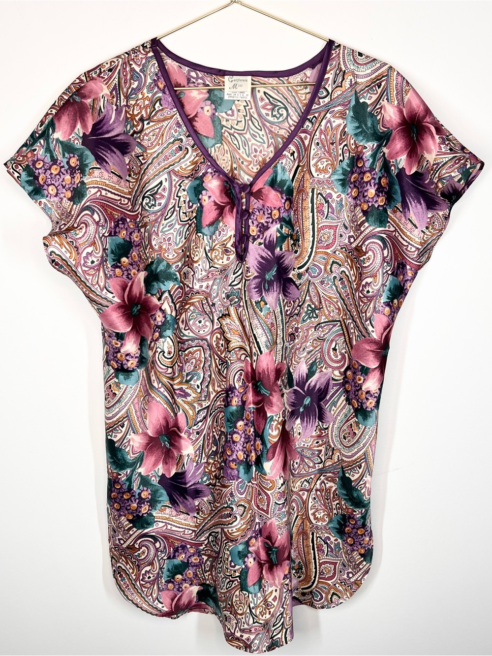 VTG 90s California Miss Paisley Floral Satin Style Sleep Shirt Nightgown Large